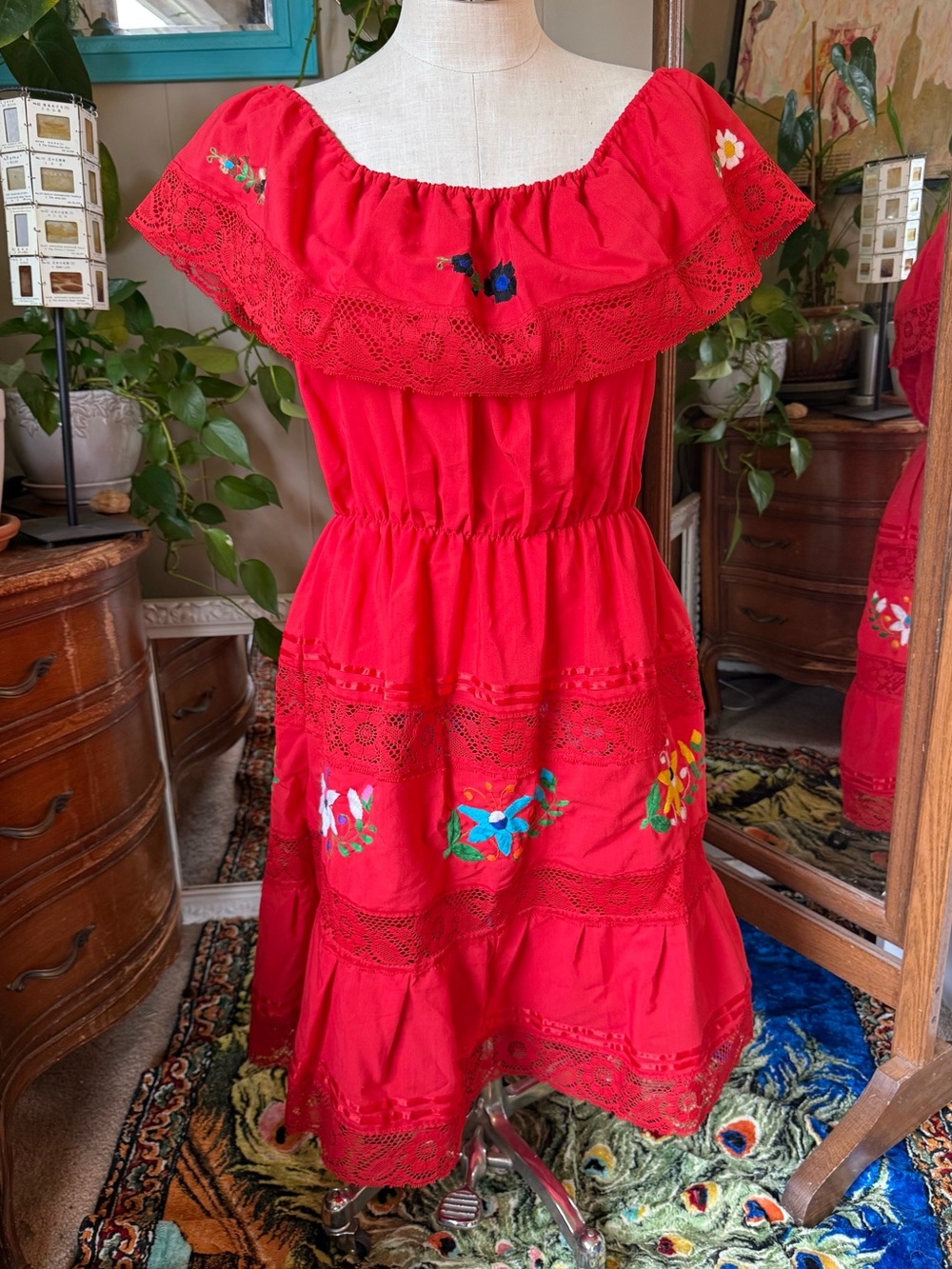 Red Embroidered Off-Shoulder Tiered Midi Dress, plus size XXL